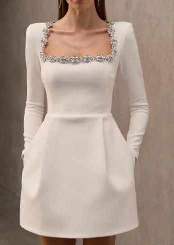 Women's Elegant Square Neck Short Dress with Pearls and Ruffles 2