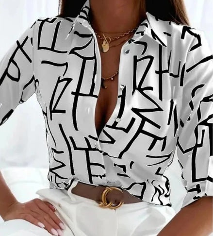 Women's Casual Long Sleeve Printed Shirt Loose Fit Acetate Fiber 9