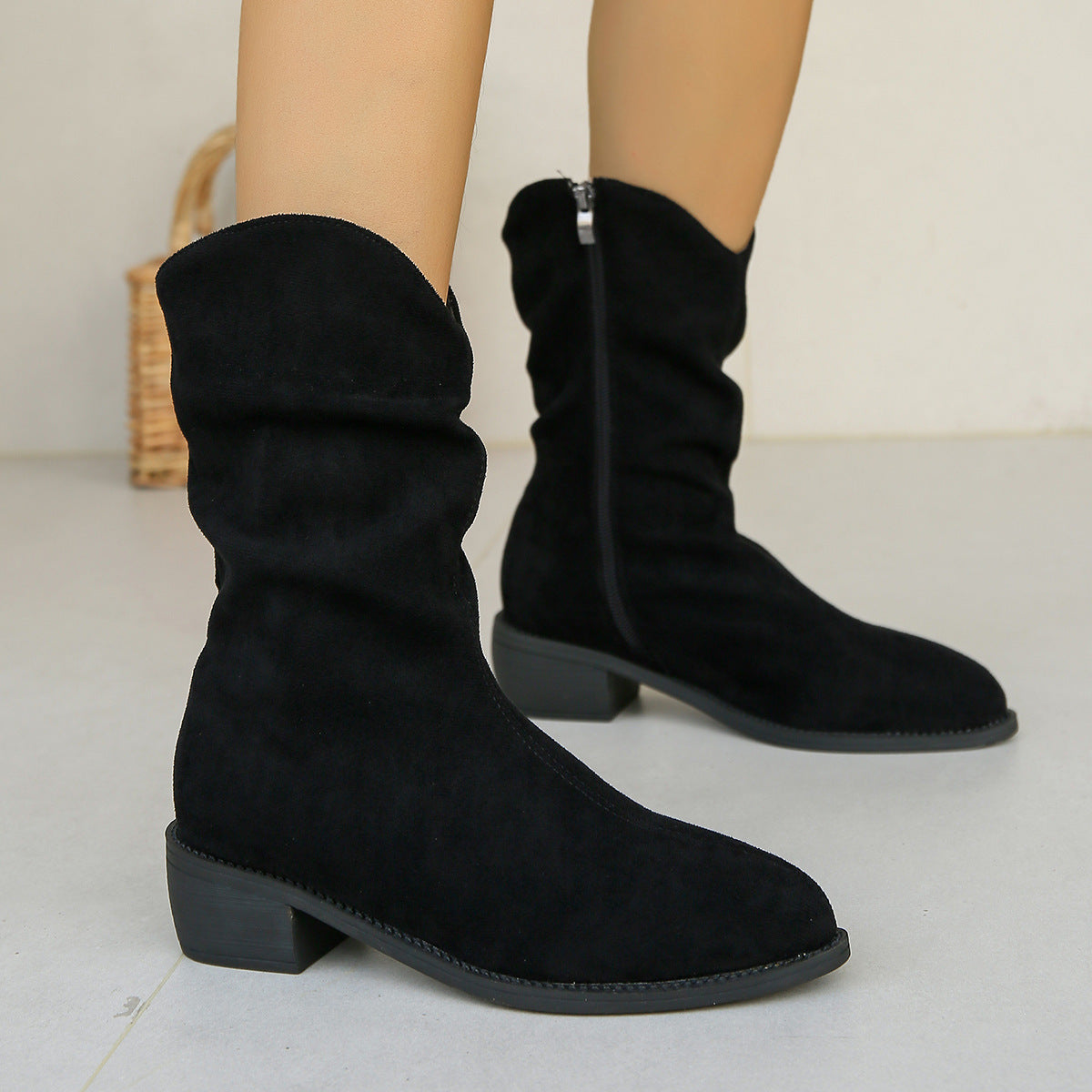 Women's Retro Mid Calf Cowboy Boots Black Artificial PU 6