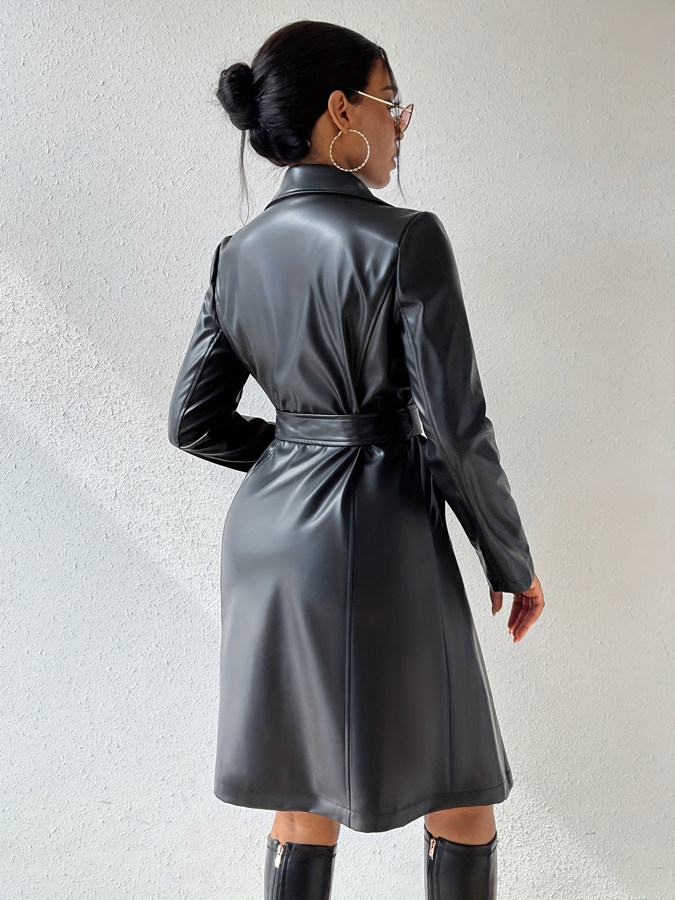 Women's Stylish Long Sleeve PU Leather Trench Coat with Pockets 8