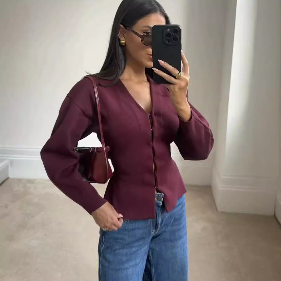 Women's Elegant Long Sleeve V-Neck Knit Suit Comfortable Soft Fabric 4