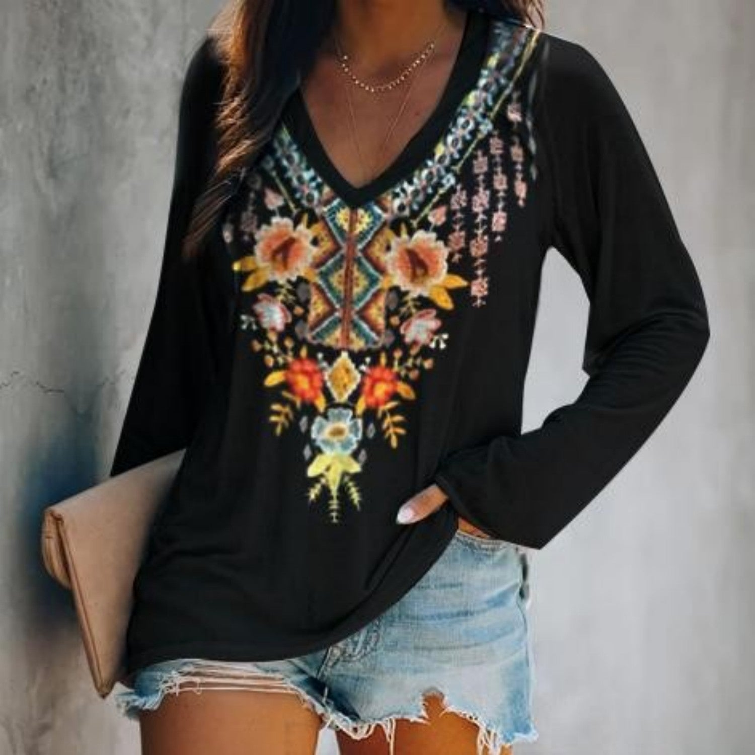 Women's Loose V-Neck Halloween Print Long Sleeve Shirt Cotton 1