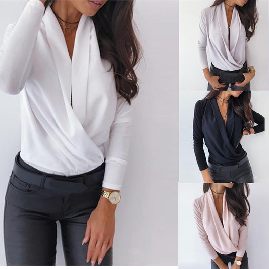Women's Elegant Deep V-Neck Blouse Lightweight Comfortable Fabric 1