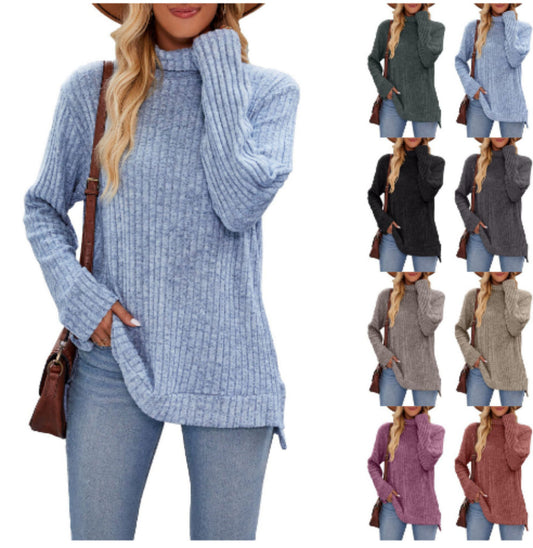Women's Elegant High Neck Long Sleeve T-Shirt with Side Slits Comfortable Fabric 1
