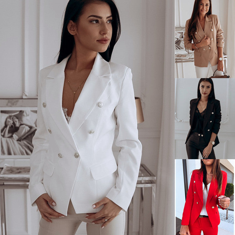 Women's Double-Breasted Blazer Elegant Tailored Fit with Metallic Buttons 1