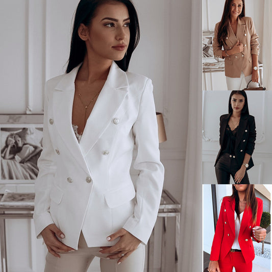Women's Double-Breasted Blazer Elegant Tailored Fit with Metallic Buttons 1