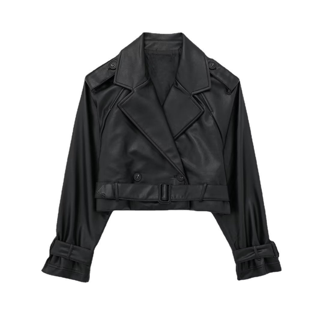 Women's Loose Fit Short Trench Coat Black PU Leather 5
