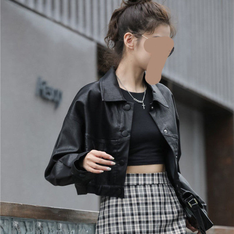 Women's Short Vintage Leather Jacket Stylish Chic Design 3