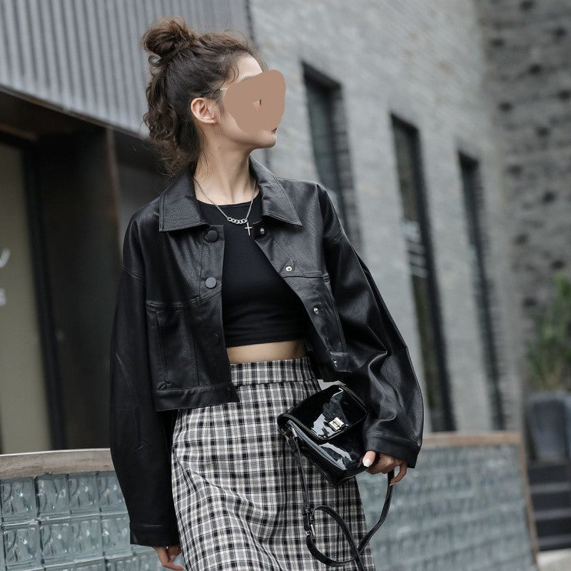 Women's Short Vintage Leather Jacket Stylish Chic Design 2