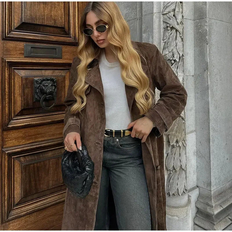 Women's Vintage Long Suede Coat Elegant Winter Style 5