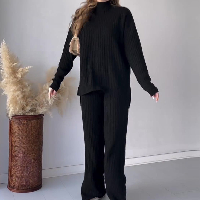 Women's Chic Two-Piece Knit Set Round Neck Wide Leg Pants 5