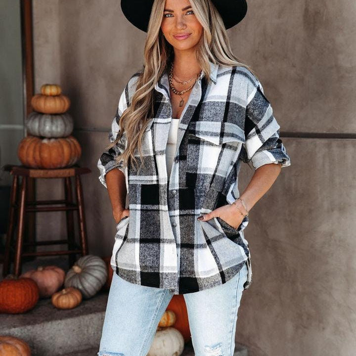 Women's Casual Long Sleeve Plaid Cashmere Shirt Jacket 4