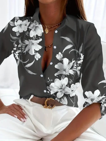 Women's Casual Long Sleeve Printed Shirt Loose Fit Acetate Fiber 12