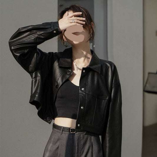 Women's Short Vintage Leather Jacket Stylish Chic Design 1