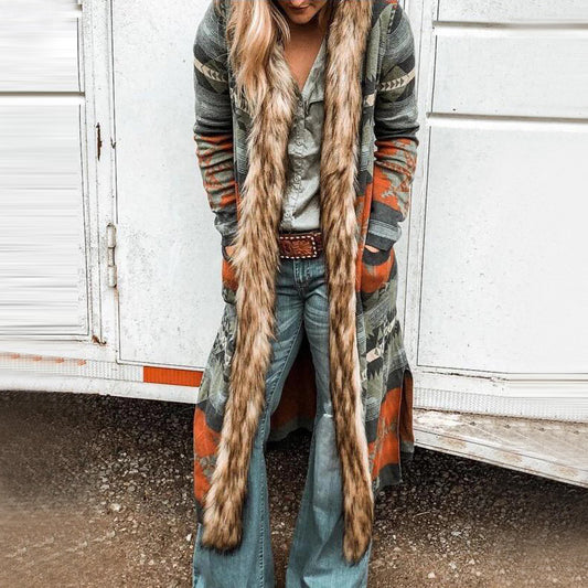 Women's Floral Print Trench Coat with Fur Collar Slim Fit Polyester 1