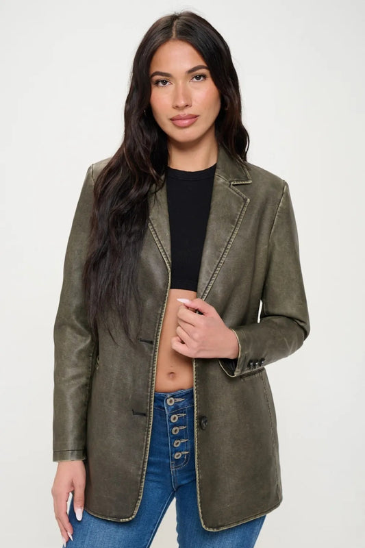 Women's Stylish Single-Breasted Vegan Leather Blazer Ethical Fashion 1
