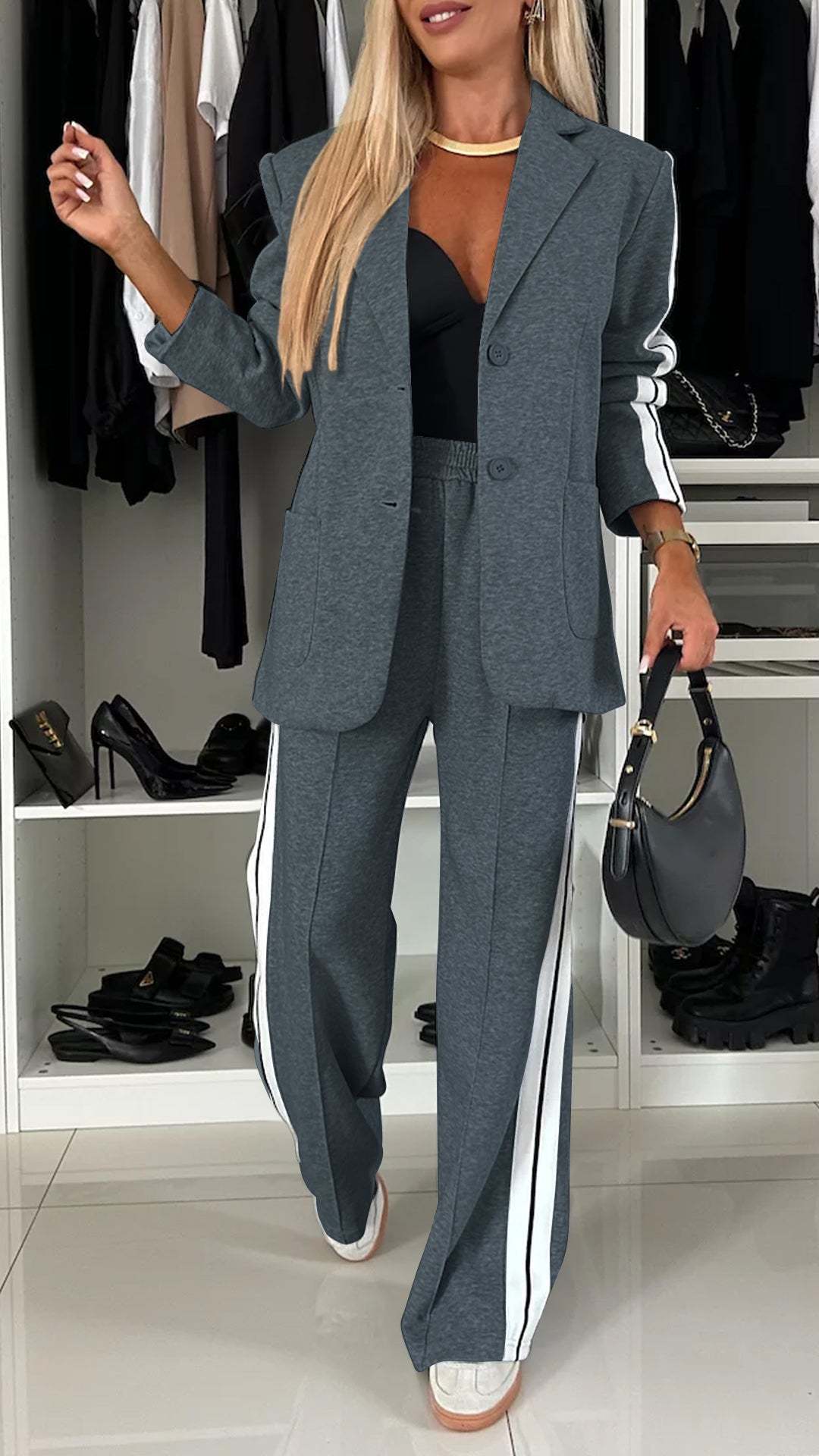 Women's Elegant Long Sleeve Casual Suit with Notched Collar 10