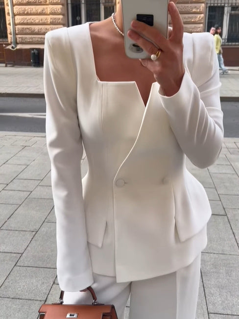 Women's Structured Blazer with Square Collar Two Buttons High-Quality Fabric 3
