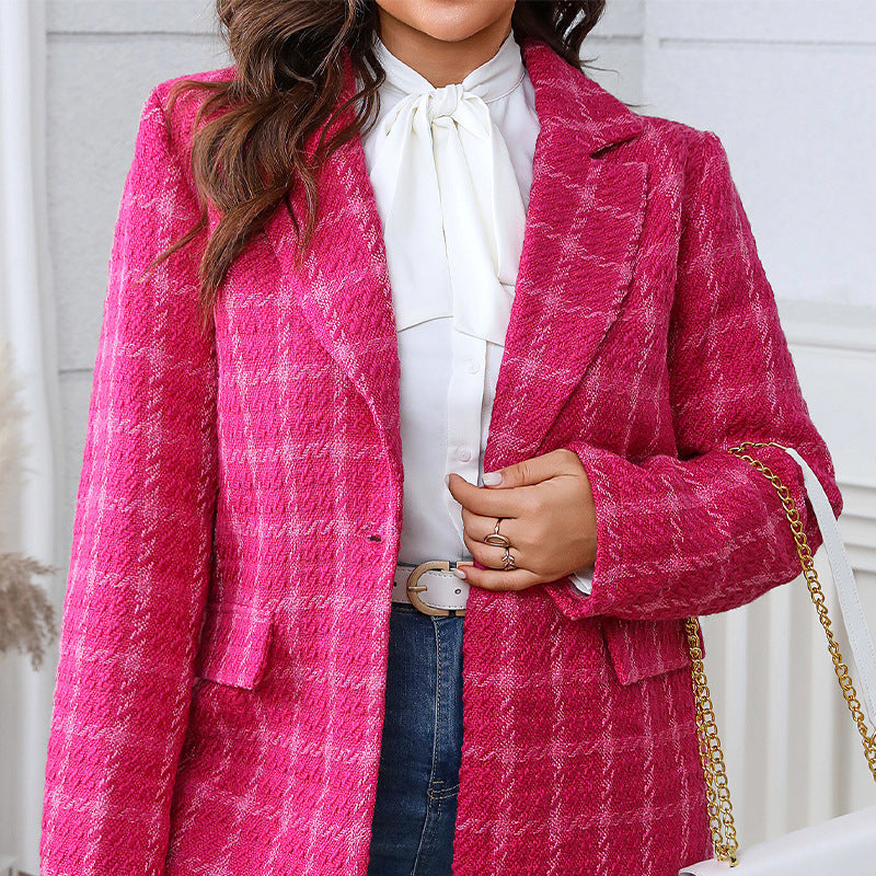 Women's Plus Size Loose Plaid Coat with Pockets Polyester 6
