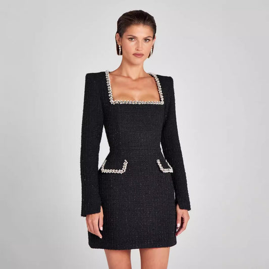 Women's Elegant Long Sleeve Dress with U-Neck and Pearl Embellishments 1