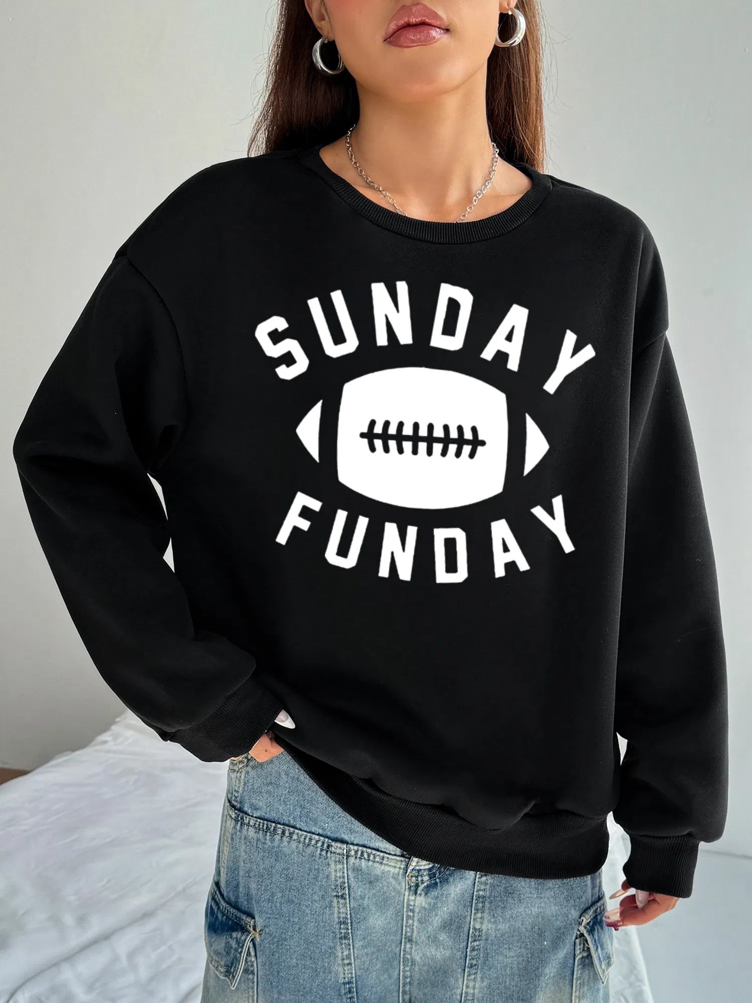 Women's Casual Pullover Sweater with American Football Print Cotton 10