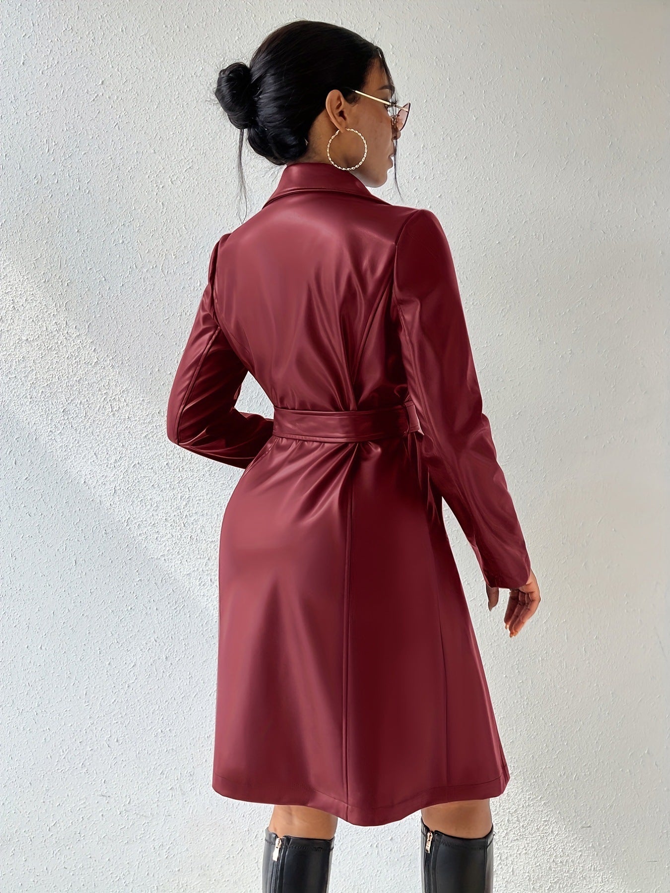Women's Stylish Long Sleeve PU Leather Trench Coat with Pockets 5