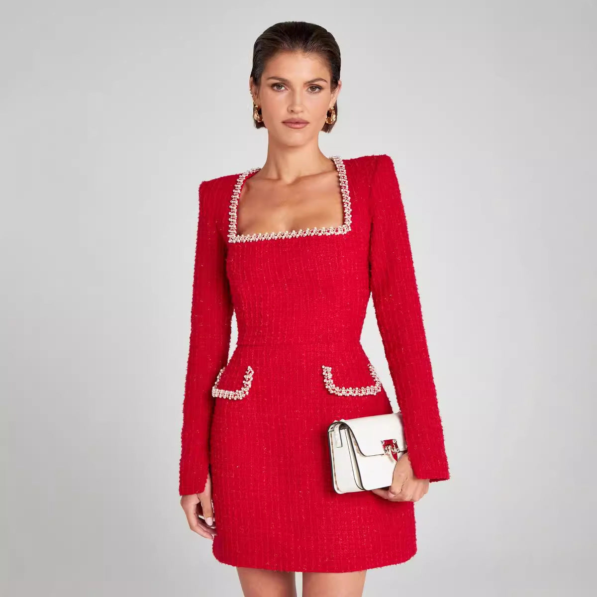 Women's Elegant Long Sleeve Dress with U-Neck and Pearl Embellishments 6