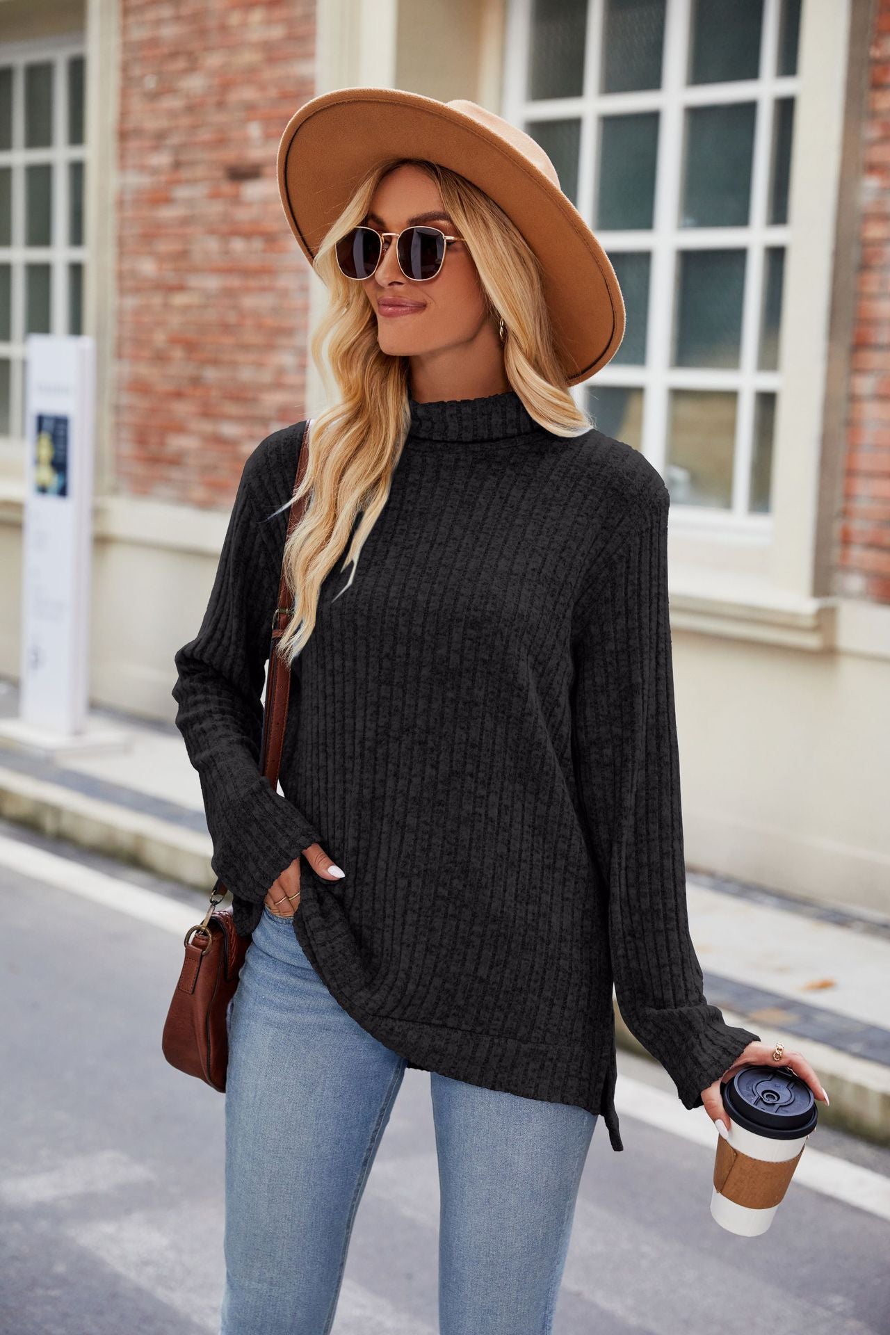 Women's Elegant High Neck Long Sleeve T-Shirt with Side Slits Comfortable Fabric 2