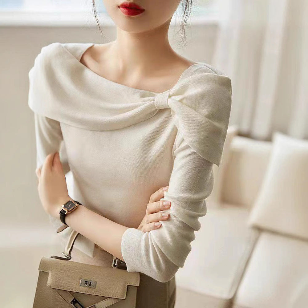 Women's Stylish Long-Sleeved Sweater with Diagonal Collar Acrylic Fiber 4