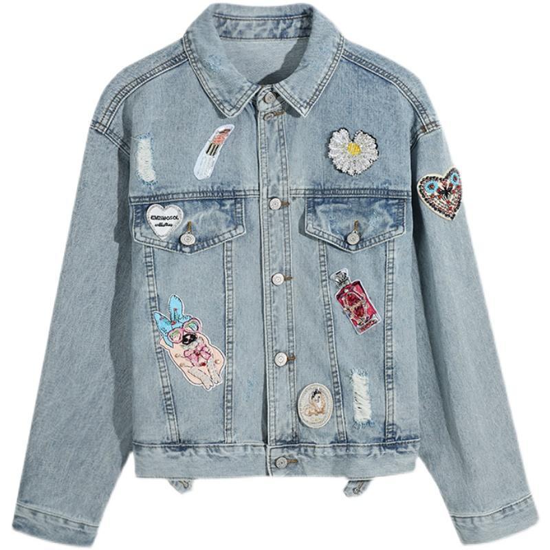 Women's Casual Ripped Denim Jacket Loose Fit Cotton 3