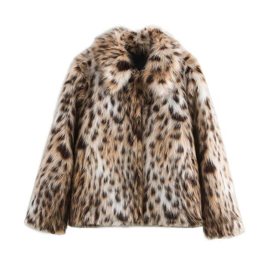 Women's Faux Fur Coat Winter Fashion Leopard Print 100% Polyester 1