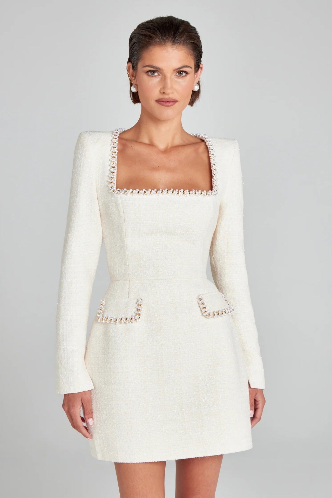 Women's Elegant Long Sleeve Dress with U-Neck and Pearl Embellishments 3