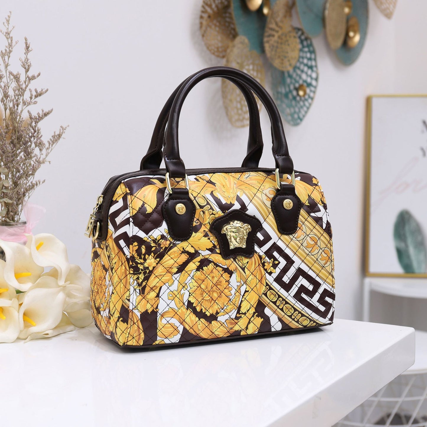 Women's Retro Boston Print Handbag Medium PU Pillow Bag 5