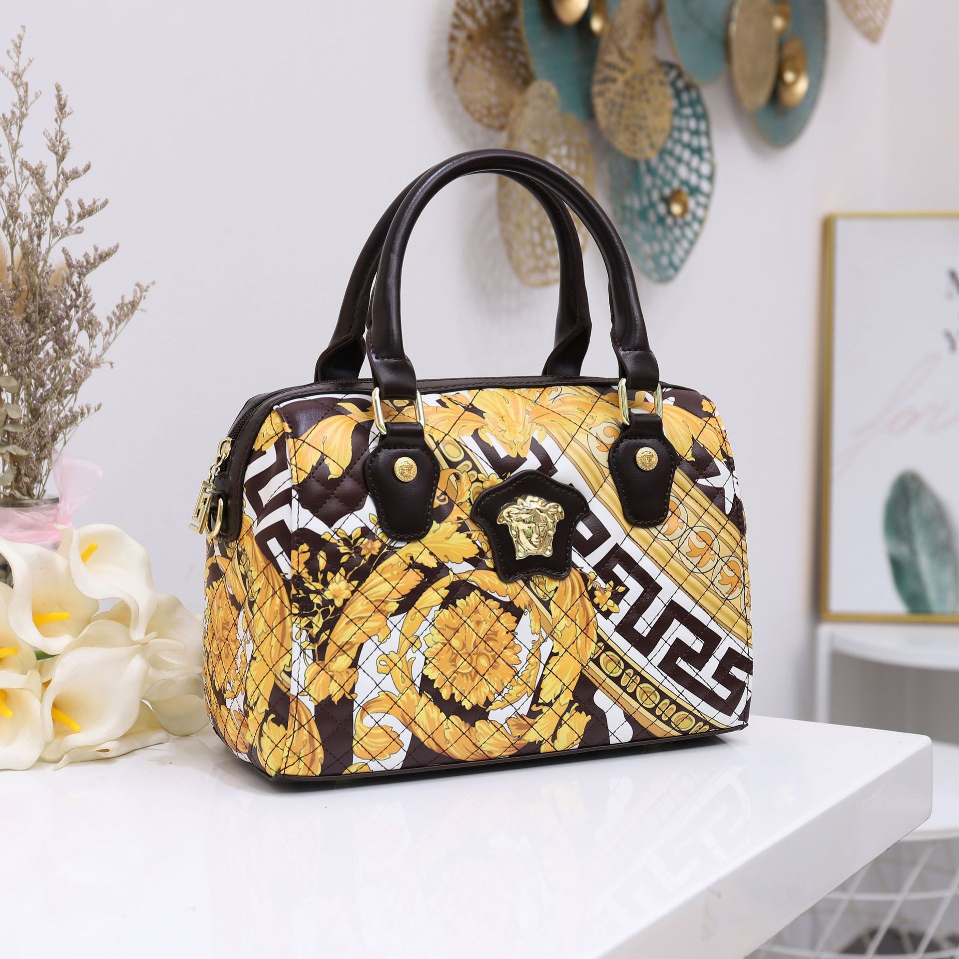 Women's Retro Boston Print Handbag Medium PU Pillow Bag 5