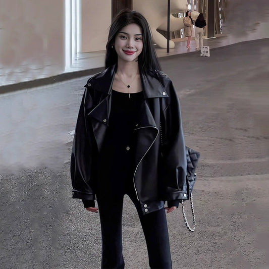 Women's Casual Loose Plus Size Black Leather Coat 1