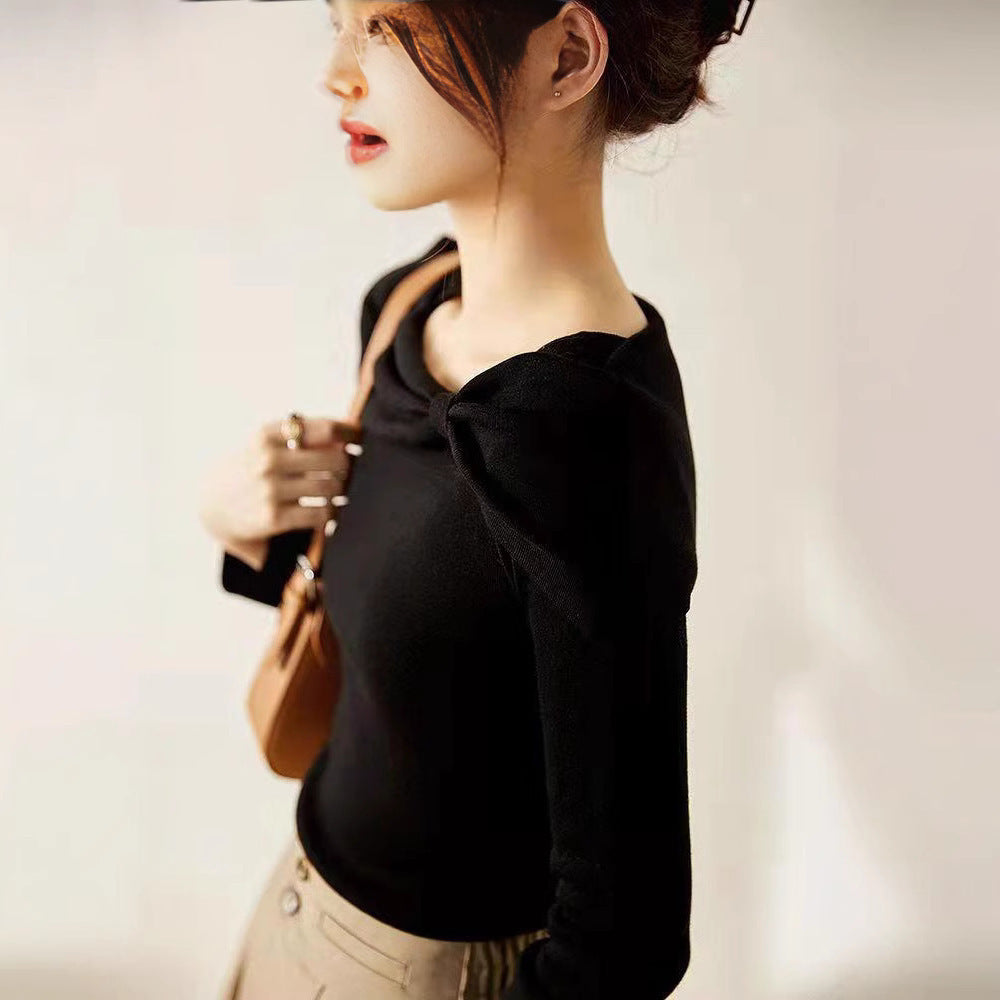 Women's Stylish Long-Sleeved Sweater with Diagonal Collar Acrylic Fiber 9