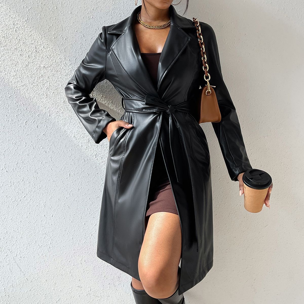 Women's Stylish Long Sleeve PU Leather Trench Coat with Pockets 3
