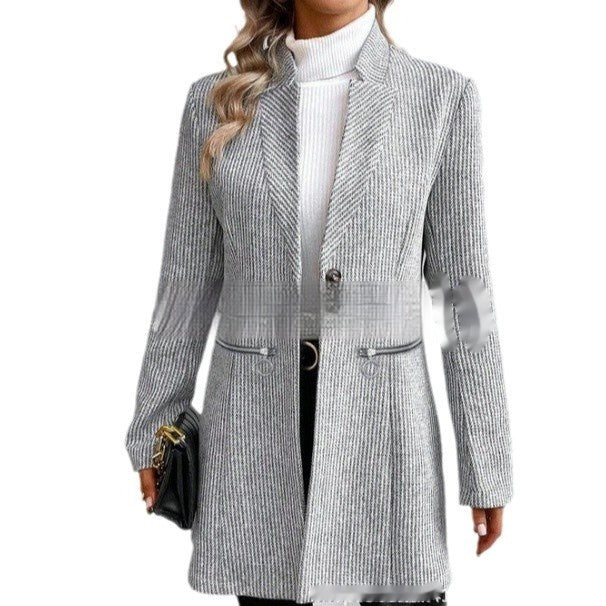 Women's Stylish Wool Coat with Vertical Pattern and Zipper Closure 4