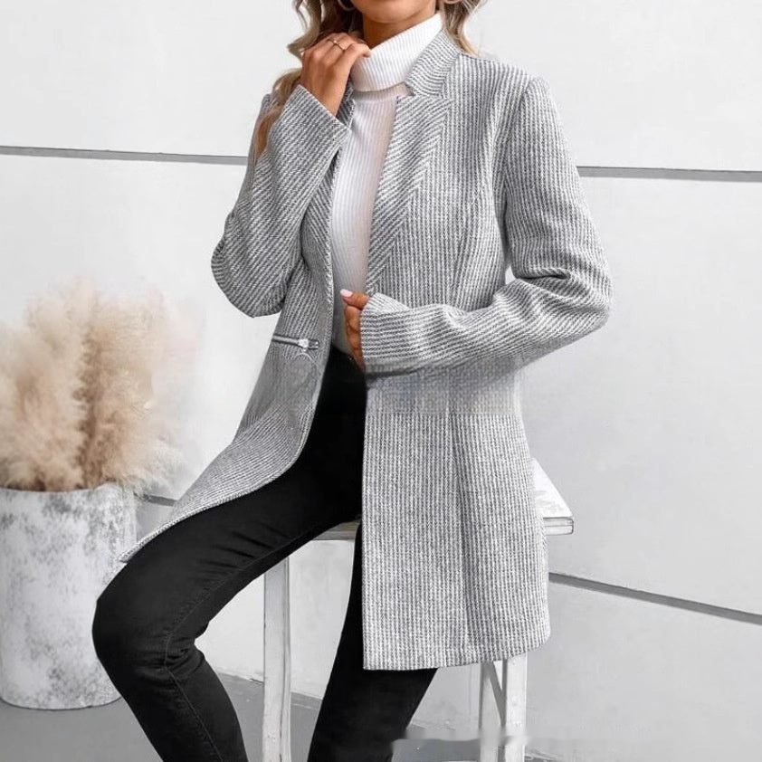 Women's Stylish Wool Coat with Vertical Pattern and Zipper Closure 2