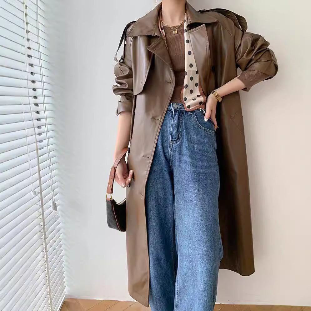 Women's Stylish Mid-Length Slimming PU Coat for Temperament Commute 3