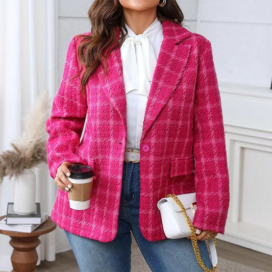 Women's Plus Size Loose Plaid Coat with Pockets Polyester 1