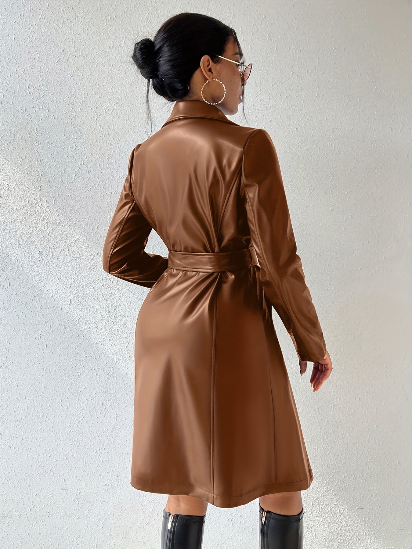 Women's Stylish Long Sleeve PU Leather Trench Coat with Pockets 2
