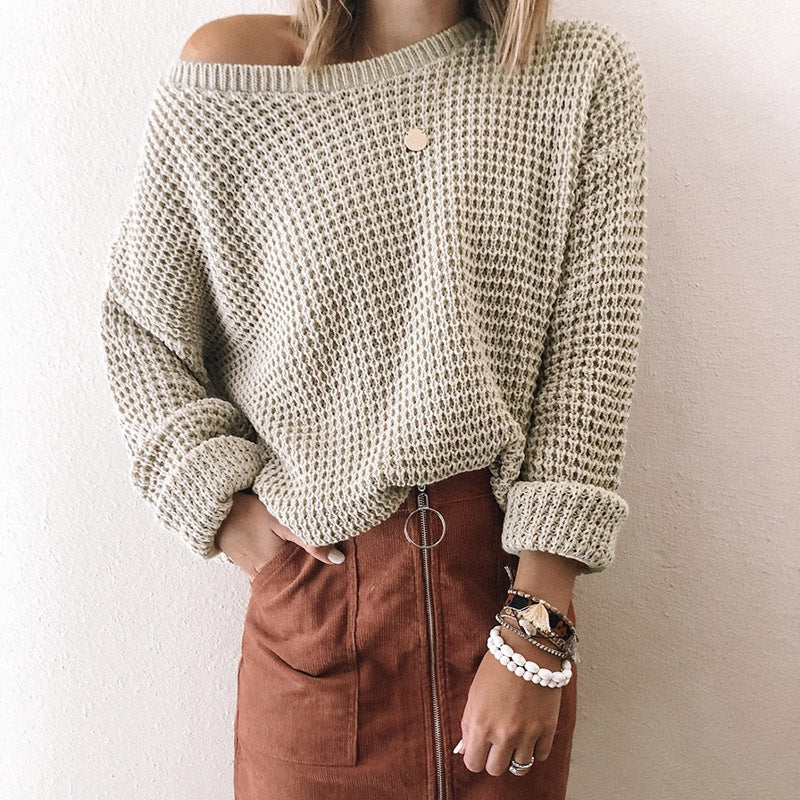 Women's Cozy Knit Asymmetrical Neck Sweater for Autumn and Winter 1