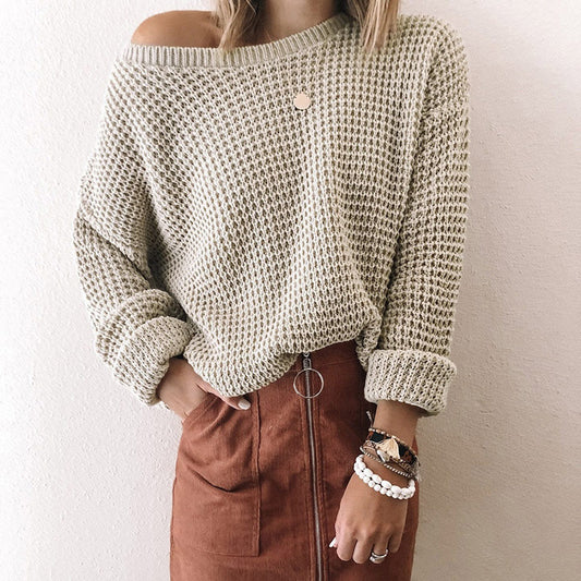 Women's Cozy Knit Asymmetrical Neck Sweater for Autumn and Winter 1