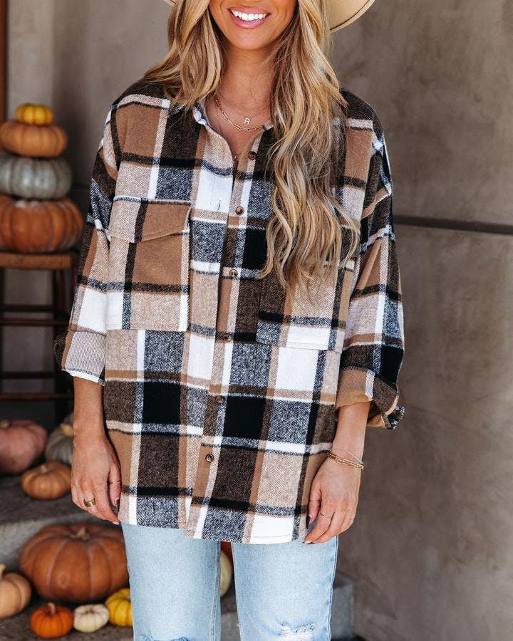 Women's Casual Long Sleeve Plaid Cashmere Shirt Jacket 5