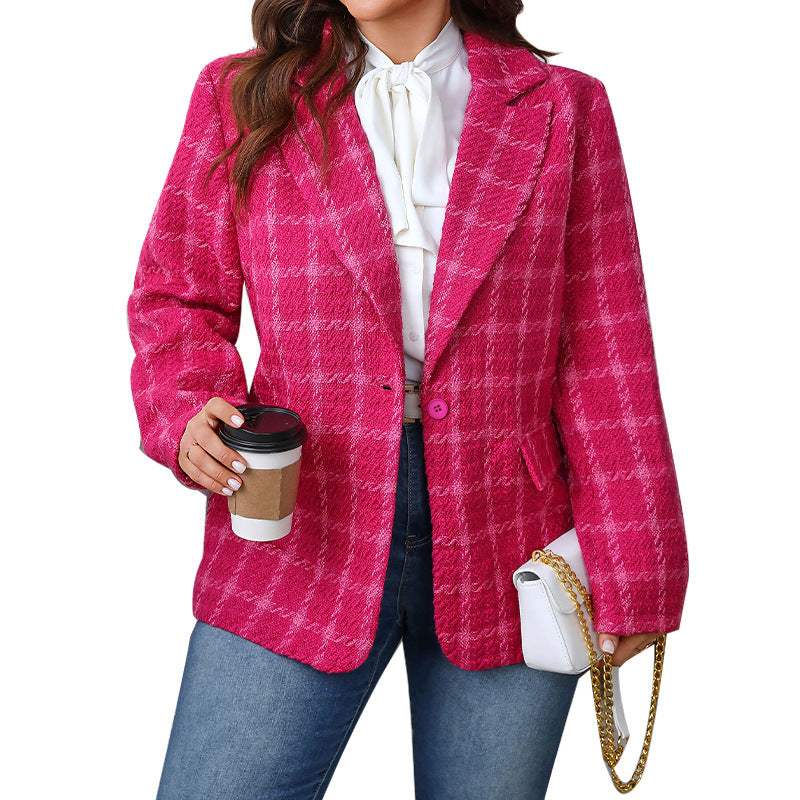 Women's Plus Size Loose Plaid Coat with Pockets Polyester 3