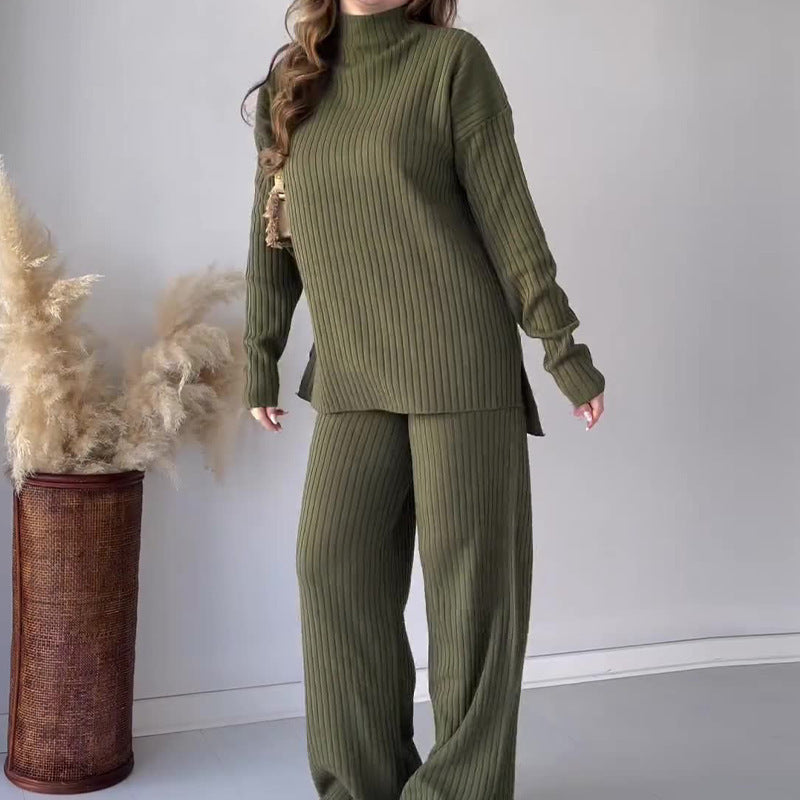 Women's Chic Two-Piece Knit Set Round Neck Wide Leg Pants 4