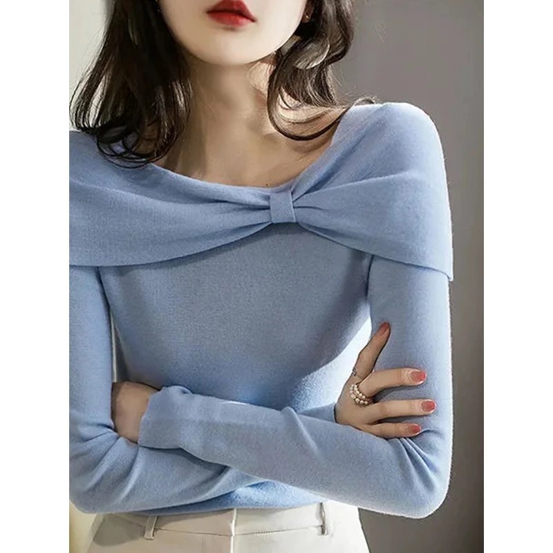 Women's Stylish Long-Sleeved Sweater with Diagonal Collar Acrylic Fiber 8