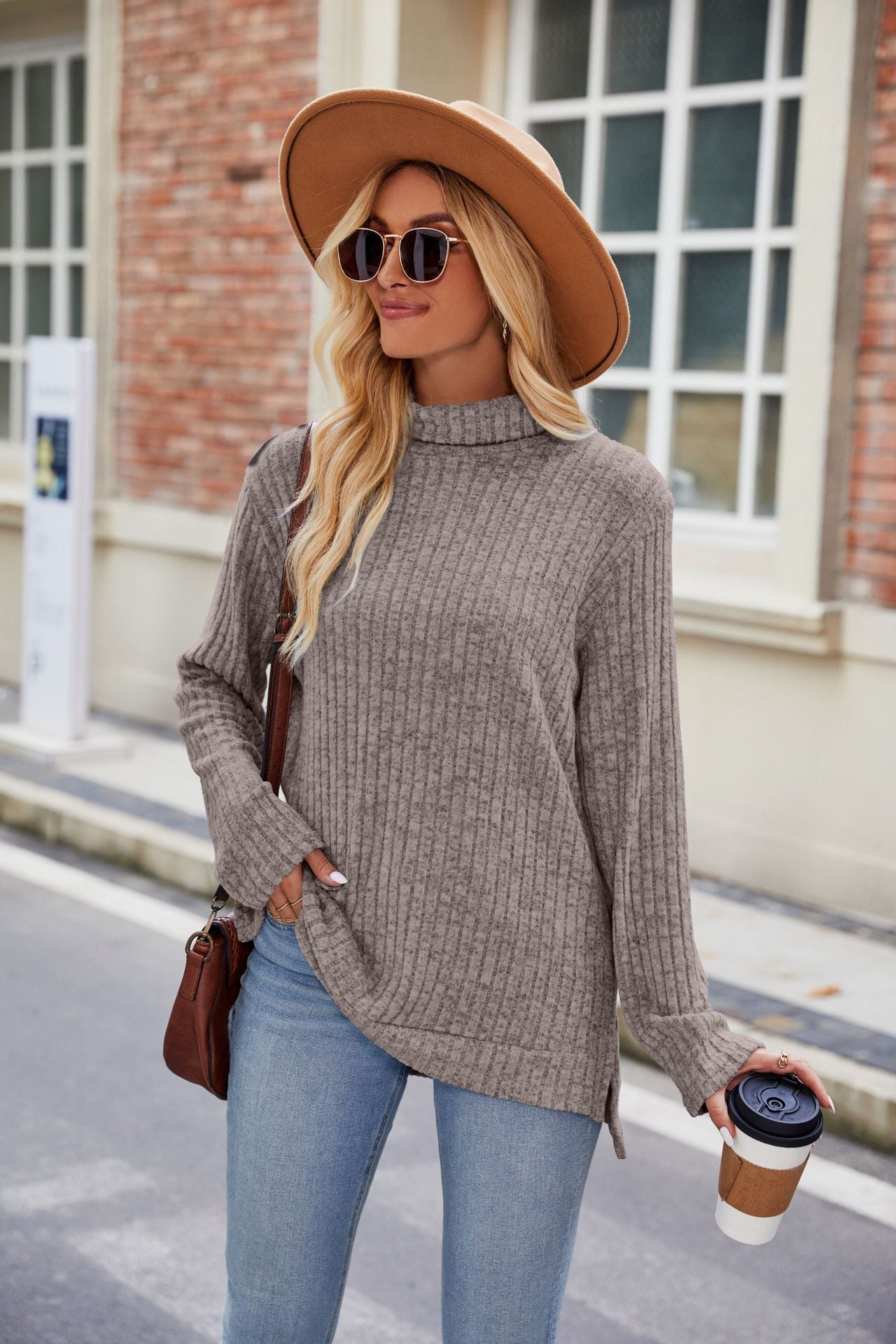 Women's Elegant High Neck Long Sleeve T-Shirt with Side Slits Comfortable Fabric 5