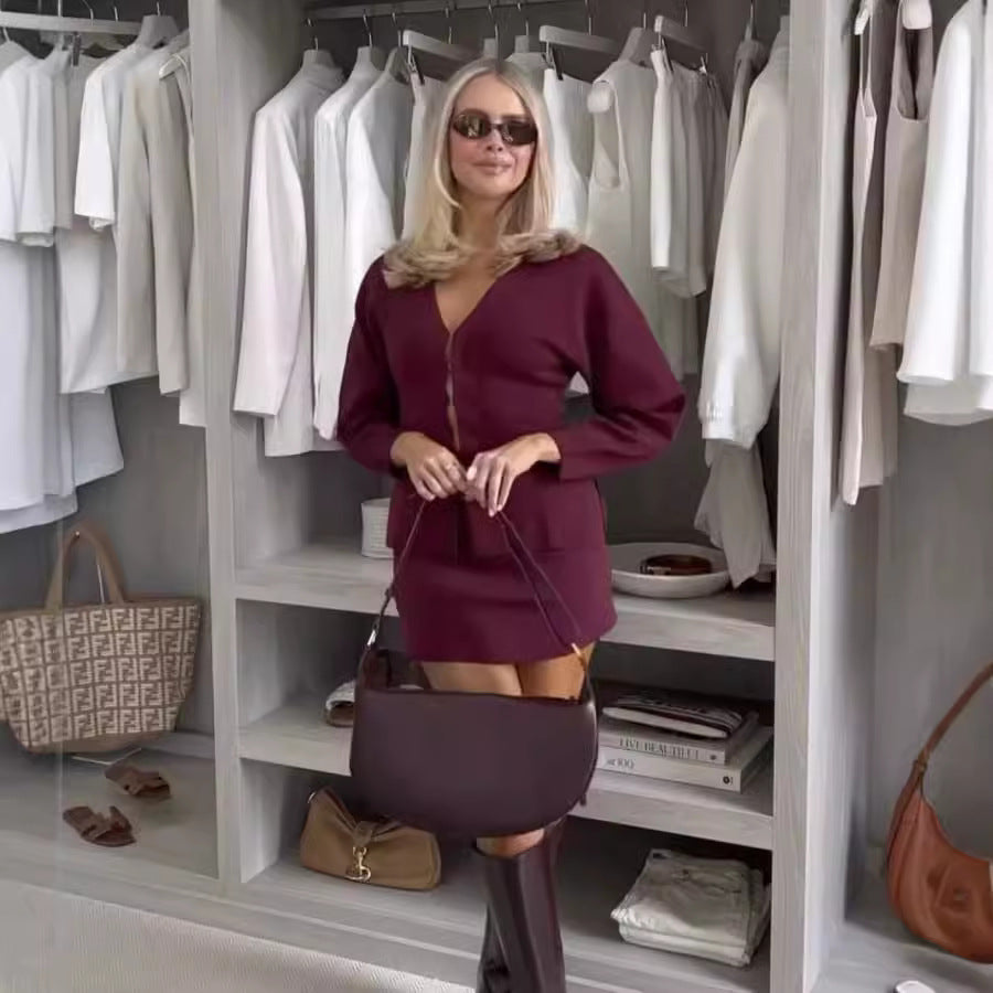 Women's Elegant Long Sleeve V-Neck Knit Suit Comfortable Soft Fabric 8